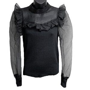 DO + BE Black Knit‎ High Neck Organza Sleeve Ruffle Accent Blouse